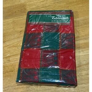 Vtg Red Green Christmas Tree Woven Fabric Tablecloth Gold Accents Plaid 60x84"